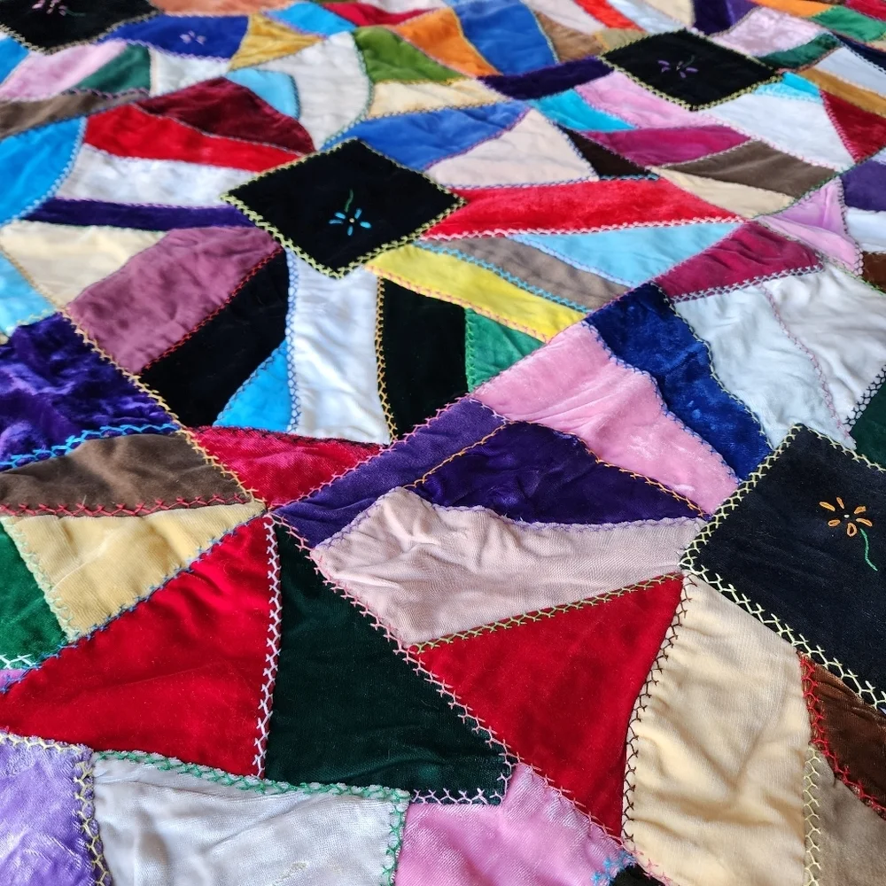 ANTIQUE Velvet Crazy Quilt bright‎ colors floral embroidered 73in x 55in